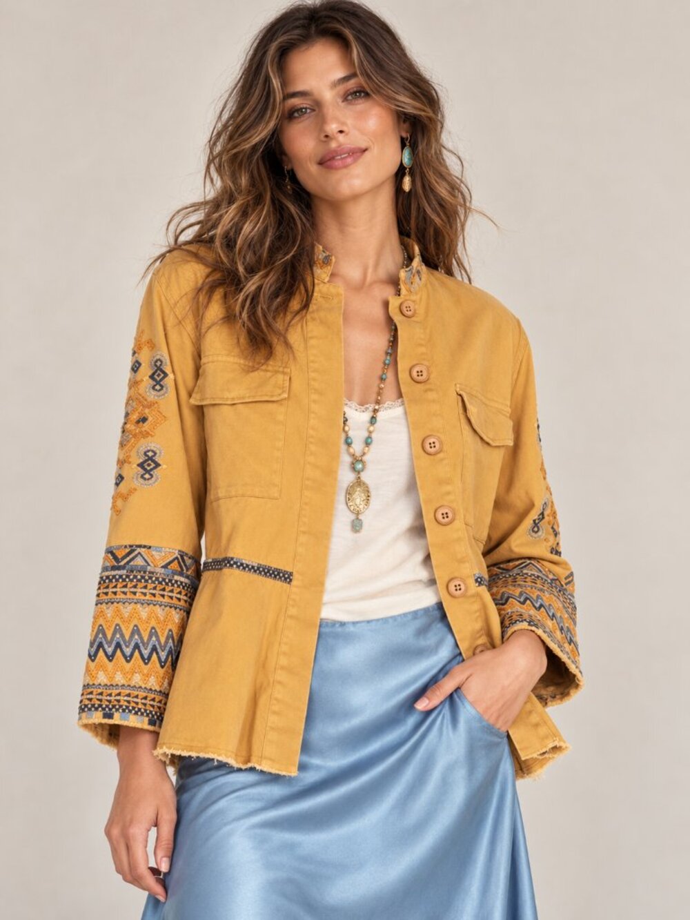 JOHNNY WAS Amika Peplum Military Jacket Embroidered Boho Khaki